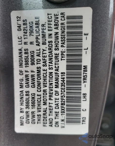 2012 Honda Civic Lx from USA, damaged, VIN 19XFB2F57CE354418